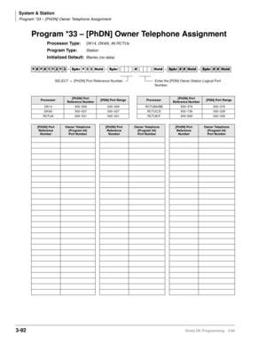 Page 138System & Station
Program *33 – [PhDN] Owner Telephone Assignment
3-92Strata DK Programming 5/99
Program *33 – [PhDN] Owner Telephone Assignment
Processor Type:DK14, DK40i, All RCTUs
Program Type:Station
Initialized Default:Blanks (no data)




  6SNU
  +ROG  6SNU  +ROG 6SNU+ROG 6SNU+ROG
Processor[PhDN] Port 
Reference Number[PDN] Port RangeProcessor[PhDN] Port 
Reference Number[PDN] Port Range
DK14 500~509 000~009 RCTUBA/BB 500~579 000~079
DK40i 500~527 000~027 RCTUC/D 500~739...