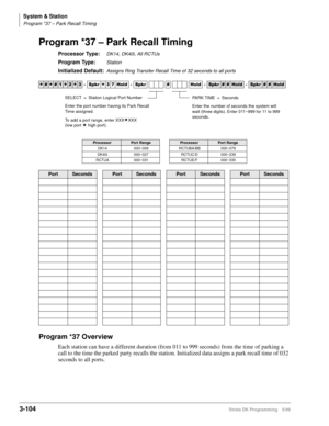 Page 150System & Station
Program *37 – Park Recall Timing
3-104Strata DK Programming 5/99
Program *37 – Park Recall Timing
Processor Type:DK14, DK40i, All RCTUs
Program Type:Station
Initialized Default:Assigns Ring Transfer Recall Time of 32 seconds to all ports
Program *37 Overview
Each station can have a different duration (from 011 to 999 seconds) from the time of parking a 
call to the time the parked party recalls the station. Initialized data assigns a park recall time of 032 
seconds to all ports.


...