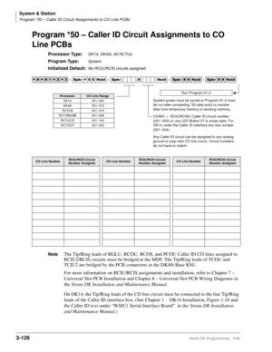 Page 172System & Station
Program *50 – Caller ID Circuit Assignments to CO Line PCBs
3-126Strata DK Programming 5/99
Program *50 – Caller ID Circuit Assignments to CO 
Line PCBs
Processor Type:DK14, DK40i, All RCTUs
Program Type:System
Initialized Default:No RCIU/RCIS circuits assigned
NoteThe Tip/Ring leads of RGLU, RCOU, RCOS, and PCOU Caller ID CO lines assigned to 
RCIU2/RCIS circuits must be bridged at the MDF. The Tip/Ring leads of TCOU and 
TCIU2 are bridged by the PCB connectors in the DK40i Base KSU....