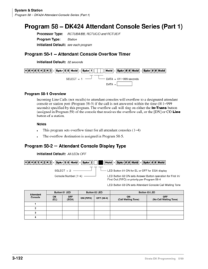 Page 178System & Station
Program 58 – DK424 Attendant Console Series (Part 1)
3-132Strata DK Programming 5/99
Program 58 – DK424 Attendant Console Series (Part 1)
Processor Type:RCTUBA/BB, RCTUC/D and RCTUE/F
Program Type:Station
Initialized Default:see each program
Program 58-1 – Attendant Console Overflow Timer
Initialized Default:32 seconds
Program 58-1 Overview
Incoming Line Calls (not recalls) to attendant consoles will overflow to a designated attendant 
console or station port (Program 58-5) if the call...