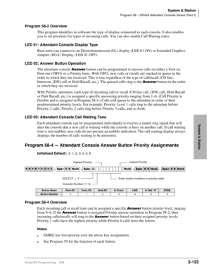 Page 179System & Station
Program 58 – DK424 Attendant Console Series (Part 1)
Strata DK Programming 5/993-133
System & Station
Program 58-2 Overview
This program identifies in software the type of display connected to each console. It also enables 
you to set priorities for types of incoming calls. You can also enable Call Waiting tones.
LED 01: Attendant Console Display Type
Base units can connect to an Electroluminescent (EL) display (LED 01 ON) or Extended Graphics 
Adapter (EGA) Display (LED 01 OFF). 
LED...