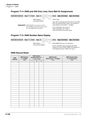 Page 194System & Station
Program 71 – DNIS
3-148Strata DK Programming 5/99
Program 71-4: DNIS and ANI Only Lines Voice Mail ID Assignments
Program 71-5: DNIS Number Name Display
DNIS Record Sheet




  6SNU   +ROG  6SNU  ‡‡‡ +ROG 6SNU+ROG 6SNU+ROG




  6SNU   +ROG  6SNU  ‡‡‡ +ROG 6SNU+ROG 6SNU+ROG
DNIS 
AddressDNIS Number
(1~5 digits) 
71-0DNIS Number
Routing Points (71-
1, 71-2, 71-3)DNIS Number
VM ID Code (1~16 digits)
71-4DNIS Number Name
(1~16 characters)
71-5
123
VM...