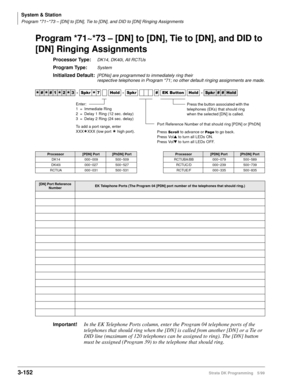 Page 198System & Station
Program *71~*73 – [DN] to [DN], Tie to [DN], and DID to [DN] Ringing Assignments
3-152Strata DK Programming 5/99
Program *71~*73 – [DN] to [DN], Tie to [DN], and DID to 
[DN] Ringing Assignments
Processor Type:DK14, DK40i, All RCTUs
Program Type:System
Initialized Default:[PDNs] are programmed to immediately ring their 
respective telephones in Program *71; no other default ringing assignments are made.
Important!In the EK Telephone Ports column, enter the Program 04 telephone ports of...