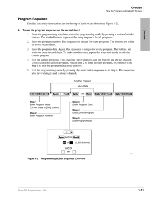 Page 25Overview
How to Program a Strata DK System
Strata DK Programming 5/991-11
Overview
Program Sequence
Detailed data entry instructions are on the top of each record sheet (see Figure 1-2).
äTo use the program sequence on the record sheet
1. From the programming telephone, enter the programming mode by pressing a series of shaded 
buttons. The shaded buttons represent the entry sequence for all programs.
2. Enter the program number. This sequence is unique for every program. The buttons are white 
on every...