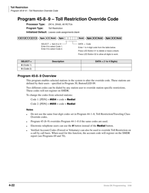 Page 254Toll Restriction
Program 45-8~9 – Toll Restriction Override Code
4-22Strata DK Programming 5/99
Program 45-8~9 – Toll Restriction Override Code
Processor Type:DK14, DK40i, All RCTUs
Program Type:Toll Restriction
Initialized Default:Leaves code assignments blank
Program 45-8~9 Overview
This program enables selected stations in the system to alter the override code. These stations are 
defined by their users - specified in Program 30, Button/LED 09.
Two different codes can be dialed by any station user to...