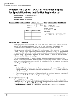 Page 256Toll Restriction
Program *45-2 (1~6) – LCR/Toll Restriction Bypass
4-24Strata DK Programming 5/99
Program *45-2 (1~6) – LCR/Toll Restriction Bypass
for Special Numbers that Do Not Begin with */#
Processor Type:DK14, DK40i, All RCTUs
Program Type:Toll Restriction
Initialized Default:All data blank
Program *45-2 Overview
Use this program to allow special CO Area Codes and Centrex feature access codes or extension 
numbers to bypass toll restriction and route over the local LCR route - if using LCR. (Toll...