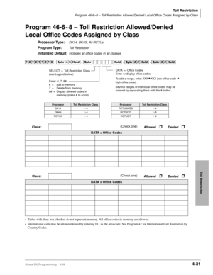 Page 263Toll Restriction
Program 46-6~8 – Toll Restriction Allowed/Denied Local Office Codes Assigned by Class
Strata DK Programming 5/994-31
Toll Restriction
Program 46-6~8 – Toll Restriction Allowed/Denied 
Local Office Codes Assigned by Class
Processor Type:DK14, DK40i, All RCTUs
Program Type:Toll Restriction
Initialized Default:Includes all office codes in all classes
©Tables with deny box checked do not represent memory. All office codes in memory are allowed.
©International calls may be allowed/denied by...