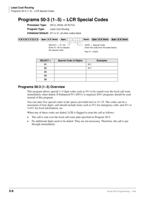 Page 278Least Cost Routing
Programs 50-3 (1~5) – LCR Special Codes
5-6Strata DK Programming 5/99
Programs 50-3 (1~5) – LCR Special Codes
Processor Type:DK14, DK40i, All RCTUs
Program Type:Least Cost Routing
Initialized Default:911 in 31, all other codes blank
Programs 50-3 (1~5) Overview
This program allows special 1~4 digit codes such as 911 to be routed over the local call route 
immediately when dialed. If Enhanced 911 (E911) is required, E911 programs should be used 
instead of this program.
You can enter...