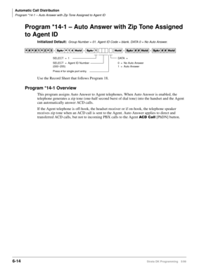 Page 310Automatic Call Distribution
Program *14-1 – Auto Answer with Zip Tone Assigned to Agent ID
6-14Strata DK Programming 5/99
Program *14-1 – Auto Answer with Zip Tone Assigned 
to Agent ID
Initialized Default:Group Number = 01. Agent ID Code = blank. DATA 0 = No Auto Answer.
Use the Record Sheet that follows Program 18.
Program *14-1 Overview
This program assigns Auto Answer to Agent telephones. When Auto Answer is enabled, the 
telephone generates a zip tone (one-half second burst of dial tone) into the...