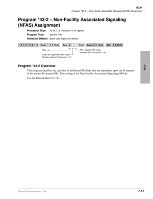 Page 359ISDN
Program *43-2 – Non-Facility Associated Signaling (NFAS) Assignment
Strata DK Programming 5/997-11
ISDN
Program *43-2 – Non-Facility Associated Signaling 
(NFAS) Assignment
Processor Type:All RCTUs (Release 4.0 or higher)
Program Type:System, PRI
Initialized Default:Blank (see Important! below)
Program *43-2 Overview
This program specifies the card slot of additional PRI links that are dependent upon the D-channel 
of the master D-channel PRI. This setting is for Non-Facility Associated Signaling...