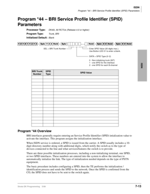 Page 361ISDN
Program *44 – BRI Service Profile Identifier (SPID) Parameters
Strata DK Programming 5/997-13
ISDN
Program *44 – BRI Service Profile Identifier (SPID) 
Parameters
Processor Type:DK40i, All RCTUs (Release 4.0 or higher)
Program Type:Trunk, BRI
Initialized Default:Blank
Program *44 Overview
BRI interfaces generally require entering an Service Profile Identifier (SPID) intialization value to 
activate the interface. This program assigns the initialization interface.
When ISDN service is ordered, a SPID...