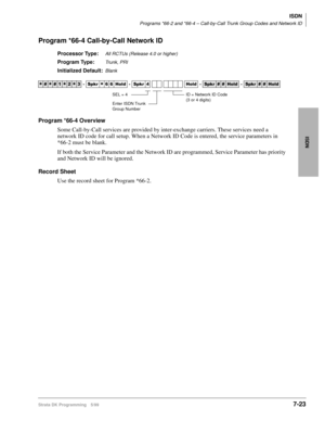 Page 371ISDN
Programs *66-2 and *66-4 – Call-by-Call Trunk Group Codes and Network ID
Strata DK Programming 5/997-23
ISDN
Program *66-4 Call-by-Call Network ID
Processor Type:All RCTUs (Release 4.0 or higher)
Program Type:Trunk, PRI
Initialized Default:Blank
Program *66-4 Overview
Some Call-by-Call services are provided by inter-exchange carriers. These services need a 
network ID code for call setup. When a Network ID Code is entered, the service parameters in 
*66-2 must be blank.
If both the Service Parameter...