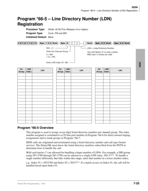 Page 373ISDN
Program *66-5 – Line Directory Number (LDN) Registration
Strata DK Programming 5/997-25
ISDN
Program *66-5 – Line Directory Number (LDN) 
Registration
Processor Type:DK40i, All RCTUs (Release 4.0 or higher)
Program Type:Trunk, PRI and BRI
Initialized Default:Blank
Program *66-5 Overview
This program is used to assign seven-digit listed directory numbers per channel group. The index 
number assigned is correlated to a CO line port number in Program *66-6 for direct inward ringing 
assignments and to...