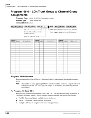 Page 374ISDN
Program *66-6 – LDN/Trunk Group to Channel Group Assignments
7-26Strata DK Programming 5/99
Program *66-6 – LDN/Trunk Group to Channel Group 
Assignments
Processor Type:DK40i, All RCTUs (Release 4.0 or higher)
Program Type:Trunk, PRI and BRI
Initialized Default:Blank
 
Program *66-6 Overview
This program assigns Listed Directory Numbers (LDNs) trunk groups to the member’s channel 
group.
NoteThe number of direct appearing CO lines cannot exceed the number of CO ports allocated 
in Program 03. One...