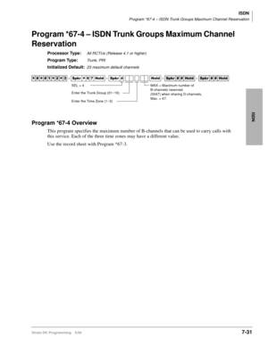 Page 379ISDN
Program *67-4 – ISDN Trunk Groups Maximum Channel Reservation
Strata DK Programming 5/997-31
ISDN
Program *67-4 – ISDN Trunk Groups Maximum Channel 
Reservation
Processor Type:All RCTUs (Release 4.1 or higher)
Program Type:Trunk, PRI
Initialized Default:23 maximum default channels
Program *67-4 Overview
This program specifies the maximum number of B-channels that can be used to carry calls with 
this service. Each of the three time zones may have a different value.
Use the record sheet with Program...