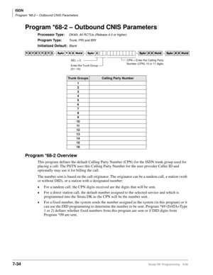 Page 382ISDN
Program *68-2 – Outbound CNIS Parameters
7-34Strata DK Programming 5/99
Program *68-2 – Outbound CNIS Parameters
Processor Type:DK40i, All RCTUs (Release 4.0 or higher)
Program Type:Trunk, PRI and BRI
Initialized Default:Blank
Program *68-2 Overview
This program defines the default Calling Party Number (CPN) for the ISDN trunk group used for 
placing a call. The PSTN uses this Calling Party Number for the user provider Caller ID and 
optionally may use it for billing the call.
The number sent is...