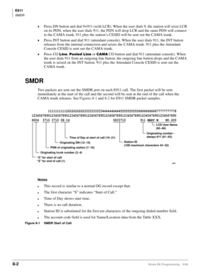 Page 386E911
SMDR
8-2Strata DK Programming 5/99
©Press DN button and dial 9+911 (with LCR). When the user dials 9, the station will seize LCR 
on its PDN, when the user dials 911, the PDN will drop LCR and the same PDN will connect 
to the CAMA trunk. 911 plus the station’s CESID will be sent out the CAMA trunk. 
©Press INT button and dial 911 (attendant console). When the user dials 911, the INT button 
releases from the internal connection and seizes the CAMA trunk. 911 plus the Attendant 
Console CESID is...