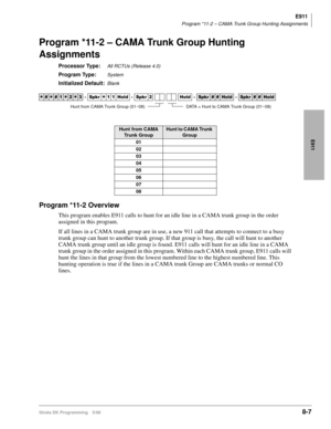 Page 391E911
Program *11-2 – CAMA Trunk Group Hunting Assignments
Strata DK Programming 5/998-7
E911
Program *11-2 – CAMA Trunk Group Hunting 
Assignments
Processor Type:All RCTUs (Release 4.0)
Program Type:System
Initialized Default:Blank
Program *11-2 Overview
This program enables E911 calls to hunt for an idle line in a CAMA trunk group in the order 
assigned in this program.
If all lines in a CAMA trunk group are in use, a new 911 call that attempts to connect to a busy 
trunk group can hunt to another trunk...