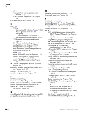 Page 412Index
E ~ I
IN-2Strata DK Programming 5/99
door phone
busy signal/door lock assignments (see 
Program 77-2)
to [DN] flashing assignments (see Program 
*79)
door phone ringing (see Program 79)
E
E911,8-1
CAMA
digits sent on 911 calls (see Program *11-5)
DK424 operation overview,8-1
trunk group
line assignments (see Program *11-1)
trunk group hunting (see Program *11-2)
CESID station information (see Program 
*12),8-11
E911/CAMA trunks (see Program *11-0)
interdigital timer (see Program 
*10-91)...