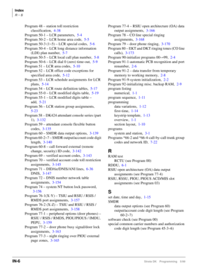 Page 416Index
R ~ S
IN-6Strata DK Programming 5/99
Program 48 – station toll restriction 
classification,4-38
Program 50-1 – LCR parameters,5-4
Program 50-2 – LCR home area code,5-5
Program 50-3 (1~5) – LCR special codes,5-6
Program 50-4 – LCR long distance information 
(LDI) plan number,5-7
Program 50-5 – LCR local call plan number,5-8
Program 50-6 – LCR dial 0 (zero) time-out,5-9
Program 51 – LCR area codes,5-10
Program 52 – LCR office code exceptions for 
specified area code,5-12
Program 53 – LCR schedule...