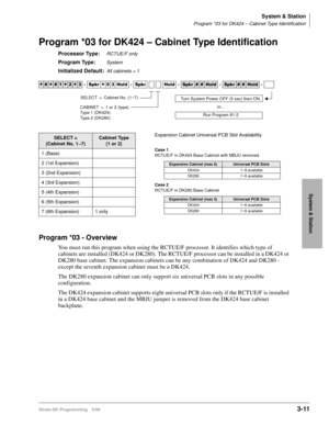 Page 57System & Station
Program *03 for DK424 – Cabinet Type Identification
Strata DK Programming 5/993-11
System & Station
Program *03 for DK424 – Cabinet Type Identification
Processor Type:RCTUE/F only
Program Type:System
Initialized Default:All cabinets = 1
Program *03 - Overview
You must run this program when using the RCTUE/F processor. It identifies which type of 
cabinets are installed (DK424 or DK280). The RCTUE/F processor can be installed in a DK424 or 
DK280 base cabinet. The expansion cabinets can...