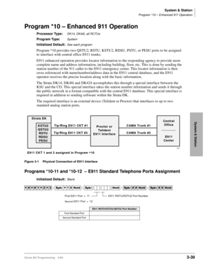 Page 85System & Station
Program *10 – Enhanced 911 Operation
Strata DK Programming 5/993-39
System & Station
Program *10 – Enhanced 911 Operation
Processor Type:DK14, DK40i, all RCTUs
Program Type:System
Initialized Default:See each program
Program *10 provides two QSTU2, RSTU, KSTU2, RDSU, PSTU, or PESU ports to be assigned 
to interface with central office E911 trunks.
E911 enhanced operation provides locator information to the responding agency to provide more 
complete name and address information,...