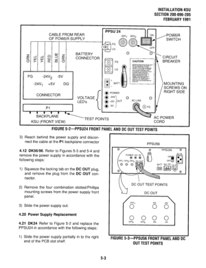 Page 128INSTALLATION-KSU 
SECTION 200-096-205 
FEBRUARY1991 
ii? 
a 
- 
! 
FG 
2 
- ? 
- 
CABLE FROM REAR 
OF POWER SUPPLY 
-24v2 -5v BATTERY 
CONNECTOR 
-24V, +5V DG 
CONNECTOR 
VOLTAGE 
LED’s 
Pi 
I 
III III, , 
BACKPLANE 
KSU (FRONT VIEW) PPSU 24 
Irr 
0  . POWER 
,POWER 
SWITCH 
’ CIRCUIT 
 BREAKER 
MOUNTING 
SCREWS ON 
RIGHT SIDE 
- TEST POINTS 
CORD 
FlGURE5-2-PPSU24FRONTPANELANDDCOUTTESTPOlNTS 
3) Reach behind the power supply and discon- 
nect the cable at the 
PI backplane connector 
4.12 DK56/96. Refer...