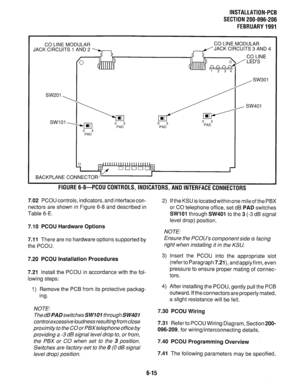 Page 151INSTALLATION-PCB 
SECTION 200-096-206 
FEBRUARY1991 
CO LINE MODULAR  CO LINE MODULAR CO LINE MODULAR  CO LINE MODULAR 
JACK CIRCUITS 1 AND 2  JACK CIRCUITS 1 AND 2 /JACK CIRCUITS 3 AND 4  JACK CIRCUITS 3 AND 4 
BACKPLANE CONNECTOR  BACKPLANE CON 1 
FIGURE 6-8-PCOUCONTROLS,INDICATORS,ANDlNTERFACECONNECTORS 
7.02 PCOU controls, indicators, and interface con- 
nectors are shown in Figure 6-8 and described in 
Table 6-E. 
7.10 PCOU Hardware Options 
7.11 
There are no hardware options supported by 
the...