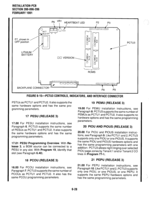 Page 164INSTALLATION-PCB 
SECTION 200-096-206 
FEBRUARY 1991 
P7, shown in / 
OFF 
position 
LITHIUM / 
BATTERY 
BACKPLANE HEARTBEAT LED P2 
P3 
00 VERSION 
FIGURE 6-15-PCTU3 CONTROLS, INDICATORS, AND INTERFACE CONNECTOR 
PSTUs as PCTUl and PCTU2. It also supports the 
same hardware options and has the same pro- 
gramming parameters. 19 PEMU (RELEASE 3) 
17 PESU (RELEASE 3) 
17.00 For PESU installation instructions, see 
Paragraph 6. PCTU3 supports the same number 
of PESUs as PCTUI and PCTU2. It also supports...