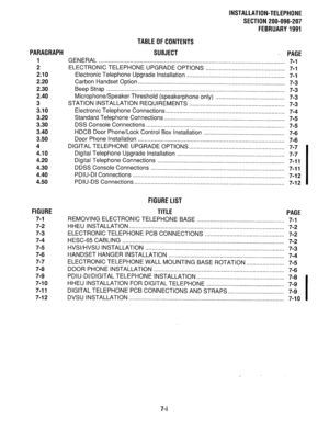 Page 166INSTALLATION-TELEPHONE 
SECTION 200-096-207 
FEBRUARY1991 
TABLEOFCONTENTS 
SUBJECT 
. PAGE 
GENERAL ................................................................................................................. 7-l 
ELECTRONIC TELEPHONE UPGRADE OPTIONS ................................................ 7-l 
Electronic Telephone Upgrade Installation.. 
.......................................................... 7-l 
Carbon Handset Option.....