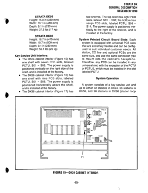 Page 22STRATA DK 
GENERAL DESCRIPTION 
DECEMBER 1990. 
STRATA DK56 
Height: 15.0 in (380 mm) 
Width: 16.1 in (410 mm) 
Depth: 9.1 in (230 mm) 
Weight: 37.5 Ibs (17 kg) 
STRATA DK96 
Height: 18.7 in (475 mm) 
Width: 19.7 in (500 mm) 
Depth: 9.1 in (230 mm) 
Weight: 55.1 Ibs (25 kg) 
Key Service Unit Interiors: 
l The DK24 cabinet interior (Figure 15) has 
one shelf with seven PCB slots, labeled 
PCTU, SO1 w S06. The power supply is 
positioned vertically on the right side of the 
shelf, and is installed at the...