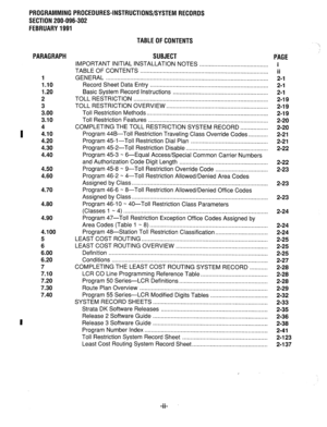 Page 299PROGRAMMINGPROCEDURES-INSTRUCTIONS/SYSTEMRECORDS 
SECTION 200-096-302 
FEBRUARY1991 
TABLEOFCONTENTS 
1 
1.10 
1.20 
2 
3 
3.00 
3.10 
1 f.10 
4.20 
4.30 
4.40 
4.50 
4.60 
4.70 
4.80 
4.90 
4.100 
5 
6 
6.00 
6.20 
7 
7.10 
7.20 
7.30 
7.40 
PAGE 
i 
ii 
2-l 
2-l 
2-l 
2-19 
2-19 
2-19 
2-20 
2-20 
2-21 
2-21 
2-22 
2-22 
2-23 
2-23 
2-23 
SUBJECT 
IMPORTANT INITIAL INSTALLATION 
NOTES .......................................... 
TABLE OF CONTENTS...