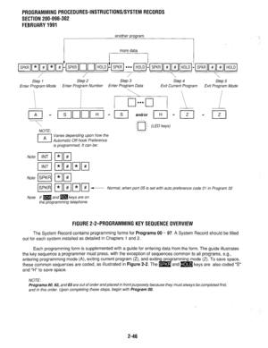 Page 346PROGRAMMING PROCEDURES-INSTRUCTIONS/SYSTEM RECORDS 
SECTION 200-096-302 
FEBRUARY 1991 
another program 
more data 
~~~~T;ll~nn~!~...~-~l;in~!~~~~, 
/T/T 
Step 1 Step 2 Step 3 Step 4 
Step 5 
Enter Program Mode Enter Program Number 
Enter Program Data Exit Current Program Exit Program Mode 
NOTE: IhI\-! .. 
Varies depending upon how the 
Automatic Off-hook Preference 
is programmed. It can be: 
I 
-I Z 
Normal, when port 05 is set with auto preference code 01 in Program 32 
Note If m and m keys are on...