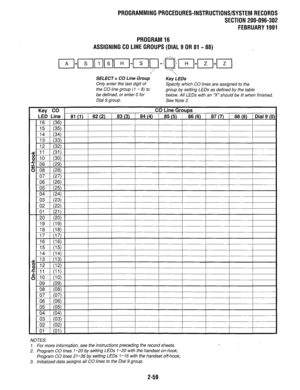 Page 359PROGRAMMINGPROCEDURES-INSTRUCTIONS/SYSTEMRECORDS 
SECTION 200-096-302 
FEBRUARY1991 
PROGRAM16 
ASSIGNING CO LlNEGROUPS(DIAL9 OR 81-88) 
~l-~l~~~I-~l~-~~l-~l-~~ 
7  
SELECT = CO Line Group 
Key LEDs 
On/y enter the last digit of 
Specify which CO lines are assigned to the 
the CO line group (1 - 8) to 
group by setting LEDs as defined by the table 
be defined, or enter 0 for 
below. All LEDs with an “X” should be lit when finished. 
Dial 9 group. 
See Note 2. 
NOTES: 
1. For more information, see the...