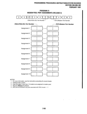 Page 363PROGRAMMINGPROCEDURES-INSTRUCTIONS/SYSTEMRECORDS 
SECTION 200-096-302 
FEBRUARY1991 
PROGRAM21 
MODEMPOOLPORTASSlGNMENTS(RELEASE3) 
_1  PDKU/PDIlJ-DS, Port Number 
TSTlJlModem Port Number 
PDKWPDIU-DS, Port Number I r PSTWModem Port Number 
Assignment 1 
I-m 
Assignment 2 
I-D 
Assignment 3 
I-D 
Assignment 4 
I-En 
Assignment 5 
I-LIEI 
Assignment 6 
I-ELII 
Assignment 7 
I-D 
Assignment 8 
I-D 
Assignment 9 
I-D 
Assignment ICI II -(I 
NOTES: 
1. For more information, see the instructions preceding the...