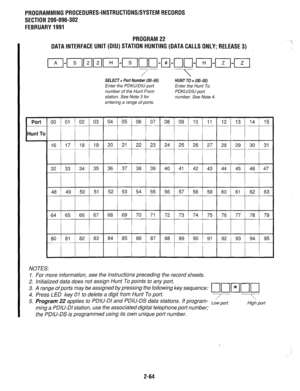 Page 364PROGRAMMING PROCEDURES-INSTRUCTIONS/SYSTEM RECORDS 
SECTION 200-096-302 
FEBRUARY 1991 
PROGRAM 22 
DATA INTERFACE UNIT (DIU) STATION HUNTING (DATA CALLS ONLY; RELEASE 3) 
SELECT = Port Number (00-95) 
Enter the PDKU/DIU port 
number of the Hunt From 
station. See Note 3 for 
entering a range of ports. HUNT TO = (00-95) 
Enter the Hunt To 
PDKlUDIU port 
number. See Note 4. 
Port 
E 
Hunt To 
32 33 34 35 36 37 38 39 40 41 42 43 44 45 46 47 
48 49 50 51 52 53 54 55 56 57 58 59 60 61 62 63 
64 65 66 67 68...
