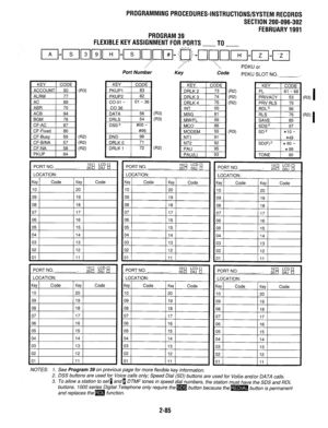 Page 385PROGRAMMINGPROCEDURES-INSTRUCTIONS/SYSTEMRECOROS 
SECTION 200-096-302 
FEBRUARY1991 
PROGRAM39 
FLEXIBLEKEYASSIGNMENTFORPORTS TO- 
/ 
/ 
Port Number 
Key  PDKU or 
Code 
PEKU SLOT NO. . 
(W 
63’) 
FW 
1 CO36 1 
PORT NO. 
100 LCD0 
200 DIU 0 
LOCATION: 
iiifxq? 
08 
07 ia 
17 
06 1 
I 
PORT NO. 
lOI LCD0 
20tlDIUO 
LOCATION: (R3) 
(R3) 
VW 032) 
W) 
(W 
(R3) 
PORT NO. 
LOCATION: 
Key Code 
10 
09 
08 loo LCD0 
20DDIUO 
Key Code 
20 
19 
la 
07  07 
17  17 
06  06 
16  16 
05  05 15  15 
04  04 
14  14 
03...