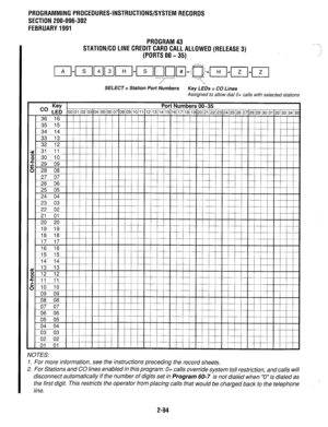 Page 394PROGRAMMINGPROCEDURES-INSTRUCTIONS/SYSTEMRECOROS 
SECTION 200-096-302 
FEBRUARY1991 
PROGRAM43 
,- . 
STATION/COLlNECREOlTCAROCALLALLOWEO(RELEASE3) -. 
.; 
(PORTSOO-35) . 
,, 
~-~~r;;1l~-~nn~-~-l~-~-r;1 
7  
SELECT = Station Port Numbers 
Key LEDs = CO Lines 
Assigned to allow dial O+ calls with selected stations 
Key Port Numbers7 DO-35 
Co LED 00~01(02/03~04~05~06/07~08~09/10~11~12/13~14/15~16~17~18~19~20)21~22~23~24~25~26~27~28~29/30~31~32/33~34/3! 
1 36 16 II I III I III I III I III I III I/I/ I III...