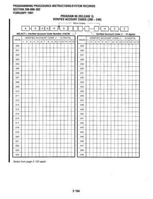 Page 404PROGRAMMING PROCEDURES-INSTRUCTIONS/SYSTEMRECORDS 
SECTION 200-096-302 
FEBRUARY1991 
PROGRAM69(RELEASE3) 
VERlFlEDACCOUNTCODES(200-249) 
I- More Codes -I 
SELECT = Verified Account Code Number (VACNI 1 
VACN VERIFIED ACCOUNT CODE (1 - 15 DIGITS) 
1 
Notes from page 2- 7 00 apply. 
L-- Verified Account Code (1 - 15 dioits) 
2-104  