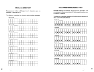 Page 520MESSAGE DIRECTORY 
Messages are limited to 32 alphanumeric characters and are 
displayed in two rows of 16. 
This directory is provided for reference and recording messages. 
Message # 
Message # 
Message # 
Message # 
Message # 
Message # 
Message # 
NAME/NUMBERS are limited to 16 alphanumeric characters and 
are displayed on the top row of idle LCD stations and the bottom row 
of called LCD stations. 
This directory is provided for station 200 reference and recording of 
other station NAME/NUMBERS....