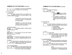 Page 559SUMMARY OF LCD FUNCTIONS (continued) SUMMARY OF LCD FUNCTIONS (continued) 
I DR. JONES OFFICE 
I 
K) CO Line Number 
1) Incoming Call 
characters. The name will be displayed 
on outgoing and incoming calls. 
Incoming CO call-If your station is pro- 
grammed for incoming ringing on that 
CO line. 
Transferred CO call-CO line is trans- 
ferred to your station in the ringing state 
by another station. 
Camped-on CO call-CO line was 
camped-on to your busy station and rings 
your station when you hang up....