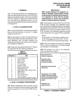 Page 5781 GENERAL IMPORTANT! 
1 .Ol This section describes the maintenance pro- 
cedures used to diagnose faults in the STRATA DK 
digital key telephone system. Faults are classified 
and then cleared by replacing the malfunctioning 
unit and performing operational tests in the se- 
quences prescribed by the fault clearing flowcharts 
in Paragraph 5. 
Many system features are assigned, en- 
abled or disabled using software entries 
as described in 
Programming Procedures. 
It is important to verify that the...