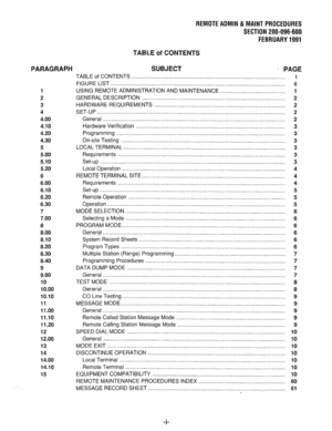 Page 606REMOTE AOMIN & MAINT PROCEDURES 
SECTION 200-096-600 
FEBRUARY 1991 
TABLE of CONTENTS 
PARAGRAPH SUBJECT . PAGE 
1 
2 
3 
4 
4.00 
4.10 
4.20 
4.30 
5 
5.00 
5.10 
5.20 
6 
6.00 
6.10 
6.20 
6.30 
7 
7.00 
8 
8.00 
8.10 
8.20 
8.30 
8.40 
9 
9.00 
IO 
10.00 
10.10 
II 
11.00 
11.10 
11.20 
I2 
12.00 
I3 
I4 
14.00 
14.10 
15 TABLE of CONTENTS ....................................................................................................... 
FIGURE LIST.. .............