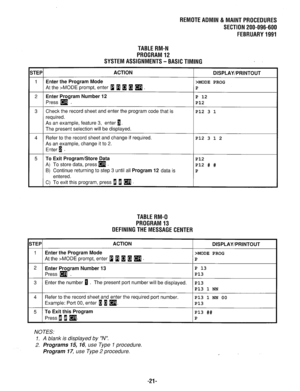 Page 630REMOTEADMlN&MAlNTPROCEDURES 
SECTION 200-096-600 
FEBRUARY1991 
TABLERM-N 
PROGRAM12 
SYSTEM ASSIGNMENTS-BASICTIMING 
;TEP ACTION 
DISPLAY/PRINTOUT 
1 Enter the Program Mode >MODE PROG 
At the >MODE prompt, enter w m B 1 
q . P 
2 Enter Program Number 12 P 12 
Press 
q . P12 
3 Check the record sheet and enter the program code that is P12 3 1 
required. 
As an example, feature 3, enter 1. 
The present selection will be displayed. 
4 Refer to the record sheet and change if required. P12 3 1 2 
As an...