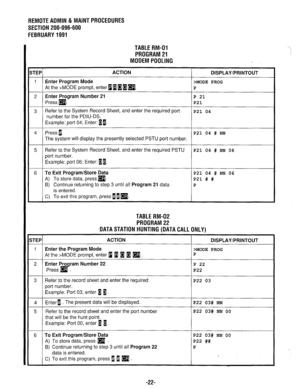 Page 631REMOTEAOMlN&MAlNTPROCEDURES 
SECTION 200-096-600 
FEBRUARY1991 
TABLERM-01 
PROGRAM21 
MODEMPOOLING 
;TEP ACTION DISPLAY/PRINTOUT 
Enter Program Mode 
At the >MODE prompt, enter 1 a 11 q , >MODE PROG 
P 
Enter Program Number 21 P 21 
Press 
q . P21 
3 Refer to the System Record Sheet, and enter the required pot-t 
number for the PDIU-DS. 
Example: port 04; Enter: m 1. P21 04 
4 Press 1. 
The system will display the presently selected PSTU port number. P21 04 # NN 
5 Refer to the System Record Sheet, and...