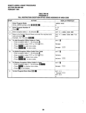 Page 653REMOTEADMlN&MAlNTPROCEDURES 
SECTION 200-096-600 
FEBRUARY1991 
TABLERM-AK 
PROGRAM47 
TOLLRESTRICTIONEXCEPTION OFFICECODESASSIGNEDBYAREACODE . 
iTEP ACTION 
DISPLAY/PRINTOUT 
1 Enter Program Mode 
>MODE PROG 
At the >MODE prompt, enter 1 0 m 1 
q P 
2 Enter Program Number 47 P 47 
Pressm . P47 
3 Enter exception table (1 - 8) and press 0 . P47 Y 1 AREA CODE NNN 
4 Refer to the System Record Sheet and enter the required area P47 Y 1 AREA CODE NNN 714 
code and press 
q . P47 
Example: AC 714, enter 610 1...