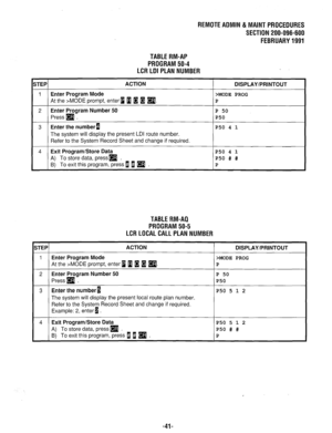 Page 656REMOTE ADMIN & MAINT PROCEDURES 
SECTION 200-096-600 
FEBRUARY 1991 
TABLE RM-AP 
PROGRAM 50-4 
LCR LDI PLAN NUMBER 
TEP ACTION DISPLAY/PRINTOUT 
1 Enter Program Mode >MODE PROG 
At the >MODE prompt, enter-1 0 a 1 a. P 
2 Enter Program Number 50 P 50 
Press 
q . P50 
3 Enter the number 8 P50 4 1 
The system will display the present LDI route number. 
Refer to the System Record Sheet and change if required. 
4 
Exit Program/Store Data P50 4 1 
A) To store data, pressm . 
P50 # # 
B) To exit this program,...