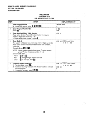Page 663REMOTEAOMIN & MAINTPROCEDURES 
SECTION 200-096-600 
FEBRUARY1991 
TABLERM-AY 
PROGRAM 55-2 
LCR MODIFIED DIGITS-END 
iTEP ACTION 
DISPLAY/PRINTOUT 
1 Enter Program Mode >MODE PROG 
At the >MODE prompt, enter B H B 1 
q P 
2 Enter Program Number 55 P 55 
Press 
q . P55 
3 Enter Modified Digits Table Number P55 1 
Refer to the System Record Sheet and enter the required 
modified digits table number (1 - 6). 
Example: Enter table number 1, enter 0. 
4 Enter Code 2 p55 12 nnn (up fo22digifs) 
The system will...