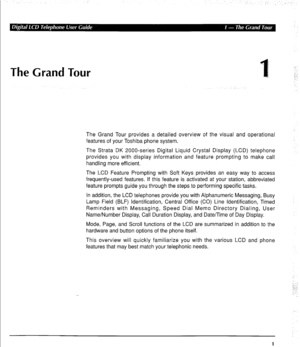 Page 11The Grand Tour provides a detailed overview of the visual and operational 
features of your Toshiba phone system. 
The Strata DK 2000-series Digital Liquid Crystal Display (LCD) telephone 
provides you with display information and feature prompting to make call 
handling more efficient. 
The LCD Feature Prompting with Soft Keys provides an easy way to access 
frequently-used features. If this feature is activated at your station, abbreviated 
feature prompts guide you through the steps to performing...