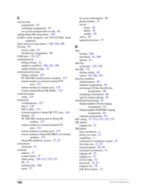 Page 172162DKAdmin/DKBackup
C
call forward
assignments
,93
set/change assignments,93
use system program files to edit,94
calling Strata DK using dialer,129
CAMA trunk programs (see E911/CAMA trunk
programs
check processor type option
,100, 102, 108
CO line,55
access codes,91
flexible key assignments,88
COM port,124, 127
communication
dialing strings
,41
unable to establish,100, 102, 109
update dialing strings,41
communication setup
display settings
,125
PC DIU/DIU modem pool to modem,137
remote modem to external...